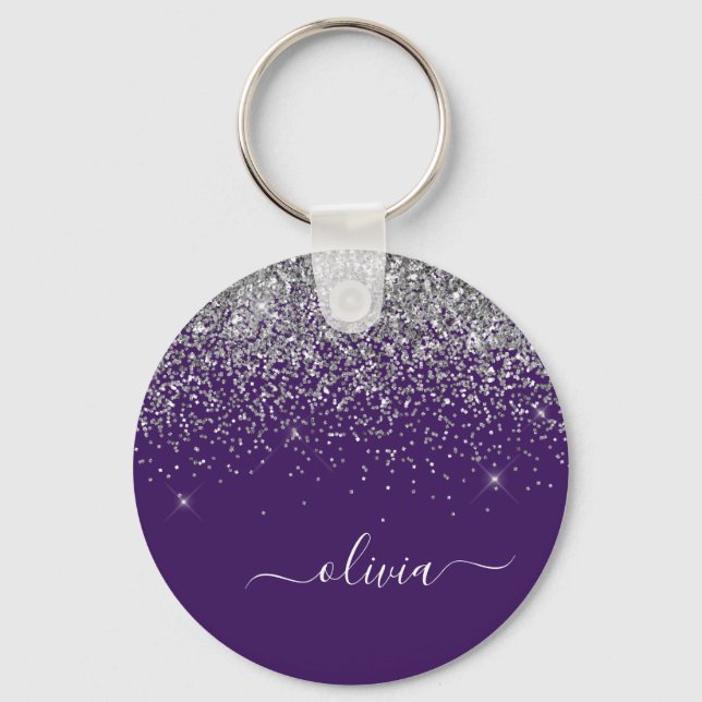 Llavero Purple Silver Glitter Girly Monogram Name (Anverso)