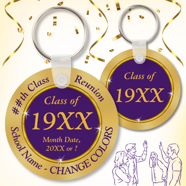 Llavero Púrpura, oro, cadenas clave de reunión de clase o  (Purple and Gold, Class Reunion Goodie Bag Ideas. Class of 1975, Class of 1985, Class of 1995, 40th)