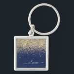 Llavero Purpurina azul de la marina de oro guión Monograma<br><div class="desc">Cadena de claves de nombres de monograma (cadena de claves) con guion de Purpurina de espuma azul de oro y marina. Esto hace que el dulce perfecto cumpleaños 16, boda, ducha de novia, aniversario, ducha de bebé o fiesta de soltera sea regalo para alguien que ama el lujo glam y...</div>