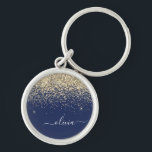 Llavero Purpurina azul de la marina de oro guión Monograma<br><div class="desc">Cadena de claves de nombres de monograma (cadena de claves) con guion de Purpurina de espuma azul de oro y marina. Esto hace que el dulce perfecto cumpleaños 16, boda, ducha de novia, aniversario, ducha de bebé o fiesta de soltera sea regalo para alguien que ama el lujo glam y...</div>
