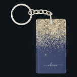 Llavero Purpurina azul de la marina de oro guión Monograma<br><div class="desc">Cadena de claves de nombres de monograma con Purpurina de guion Gold y Navy Blue Sparkle. Esto hace que el dulce perfecto cumpleaños 16,  boda,  ducha de novia,  aniversario,  ducha de bebé o fiesta de soltera sea regalo para alguien que ama el lujo glam y los estilos de moda.</div>