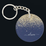Llavero Purpurina azul de la marina de oro guión Monograma<br><div class="desc">Cadena de claves de nombres de monograma con Purpurina de guion Gold y Navy Blue Sparkle. Esto hace que el dulce perfecto cumpleaños 16,  boda,  ducha de novia,  aniversario,  ducha de bebé o fiesta de soltera sea regalo para alguien que ama el lujo glam y los estilos de moda.</div>