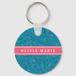 Llavero Purpurina azul (falso) Nombre personalizado rosa