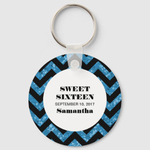 Llavero Purpurina Blue Chevron Sweet 16 Keychain