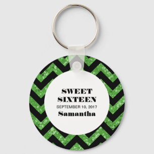 Llavero Purpurina de Chevron Verde Sweet 16 Keychain