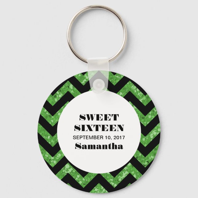 Llavero Purpurina de Chevron Verde Sweet 16 Keychain (Anverso)