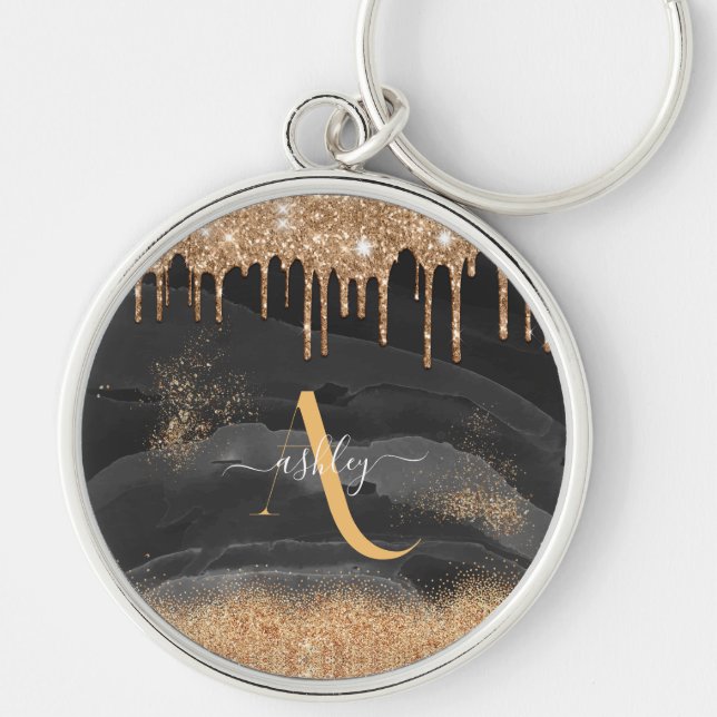 Llavero Purpurina de goteo de oro Monograma Personalizado  (Frente)