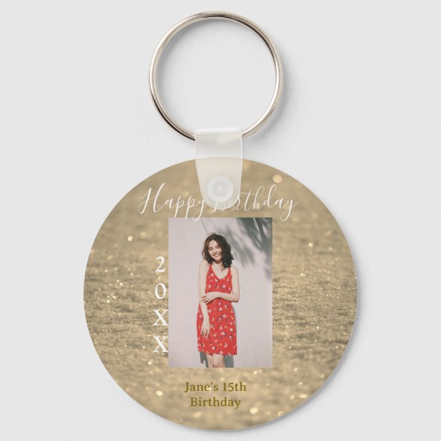 Llavero Purpurina de oro feliz año de la foto del 15 cumpl (Anverso)