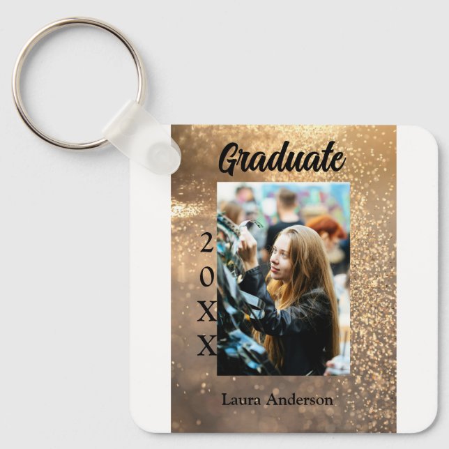 Llavero Purpurina de oro graduación de foto añadir texto d (Anverso)