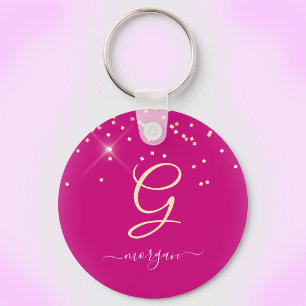 Llavero Purpurina de oro y Monograma Nombre de guión blanc