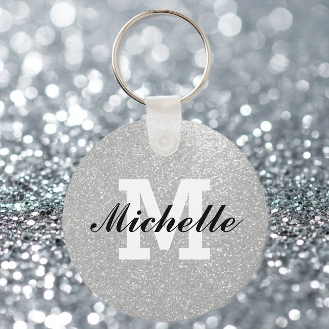 Llavero Purpurina de plata falsa cadena de claves de monog (silvery keychain with monogram)