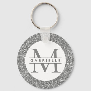 Llavero Purpurina de plata Iniciales Gris Nombre Keychain