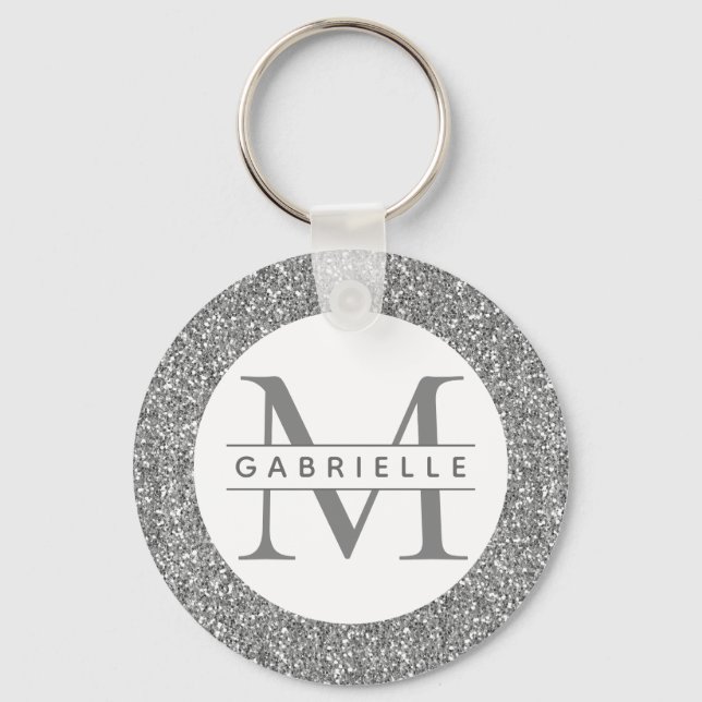 Llavero Purpurina de plata Iniciales Gris Nombre Keychain (Anverso)