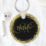 Llavero Purpurina dorado Monograma Nombre negro glamoroso<br><div class="desc">Personalice fácilmente este purpurina de oro de lujo enmarcado con su nombre personalizado y su monograma.</div>