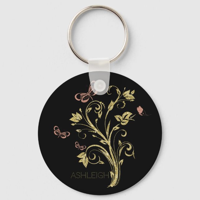 Llavero Purpurina Gold Flourish Mariposa personalizada (Anverso)