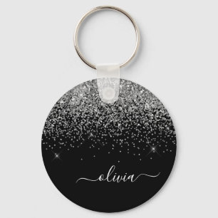 Llavero Purpurina negro plateado Script Monograma Nombre d