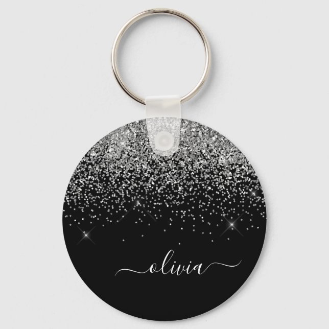 Llavero Purpurina negro plateado Script Monograma Nombre d (Anverso)