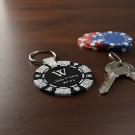 Llavero Purpurina Plata Póquer Chip Casino Favor de Boda