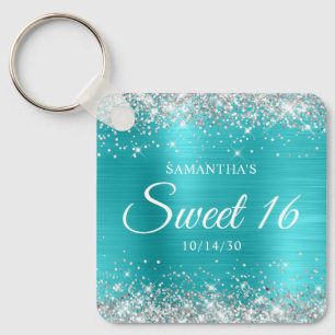 Llavero Purpurina Plateada Turquesa Azul Foil Sweet 16