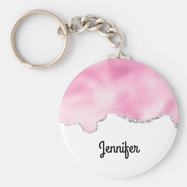 Llavero Purpurina Rosa y Plata Faux Borde elegante (Frente)