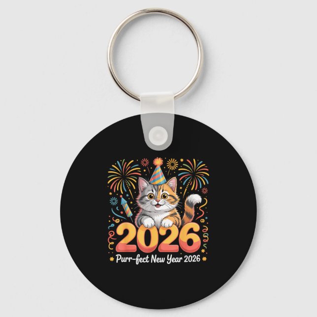 Llavero Purrfect New Year 2026 Cute Cat Fireworks Celebrat (Anverso)