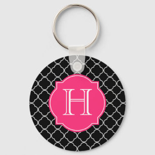 Llavero Quatrefoil blanco y negro con el monograma