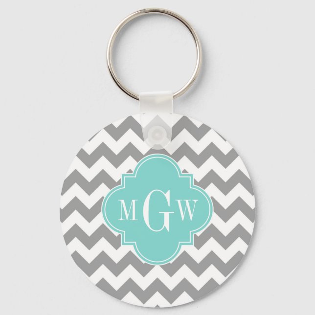 Llavero Quatrefoil de Chevron Aqua Gris 3 Monograma (Anverso)