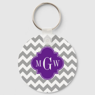 Llavero Quatrefoil púrpura de Chevron 3 Monograma