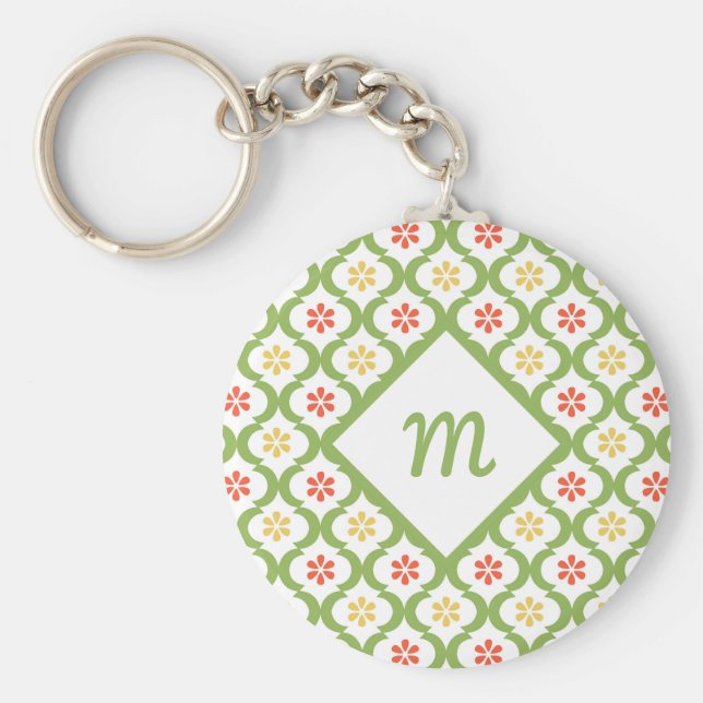 Llavero Quatrefoil verde Girly Cute Daisies y Monograma (Frente)