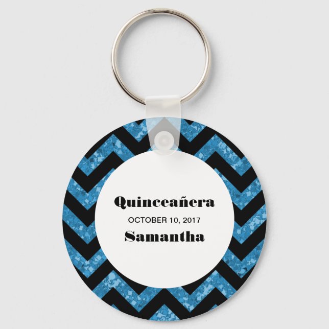 Llavero Quinceañera Keychain, Purpurina de Chevron Azul (Anverso)