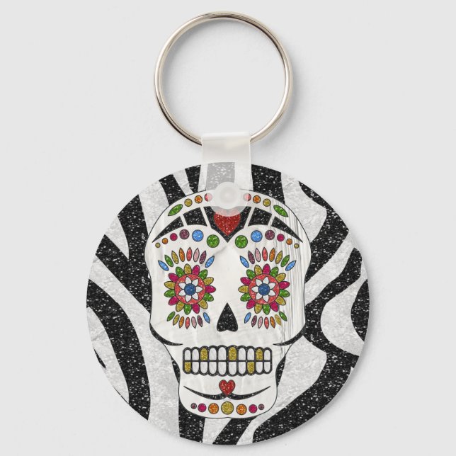 Llavero RAB Rockabilly Sugar Skull en Estampado de Cebra (Anverso)
