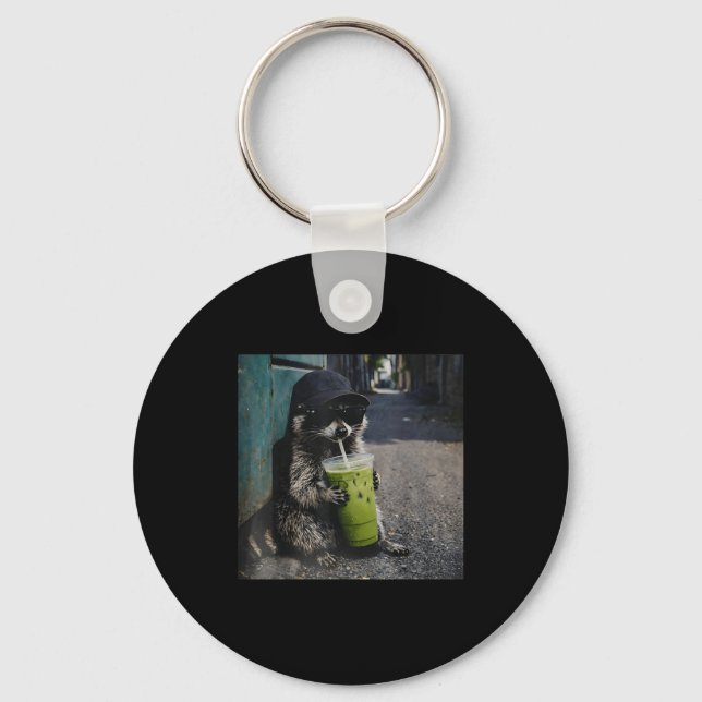 Llavero Raccoon drinking matcha latte funny animal meme me (Anverso)