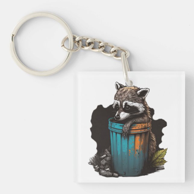 Llavero Raccoon trash panda con su cubo de basura (Frente)
