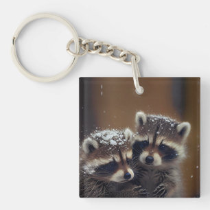 Llavero Raccoons de bebé se apiñan en la nieve en caída