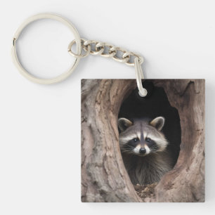 Llavero Racoon en la cueva del árbol
