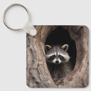 Llavero Racoon en la cueva del árbol