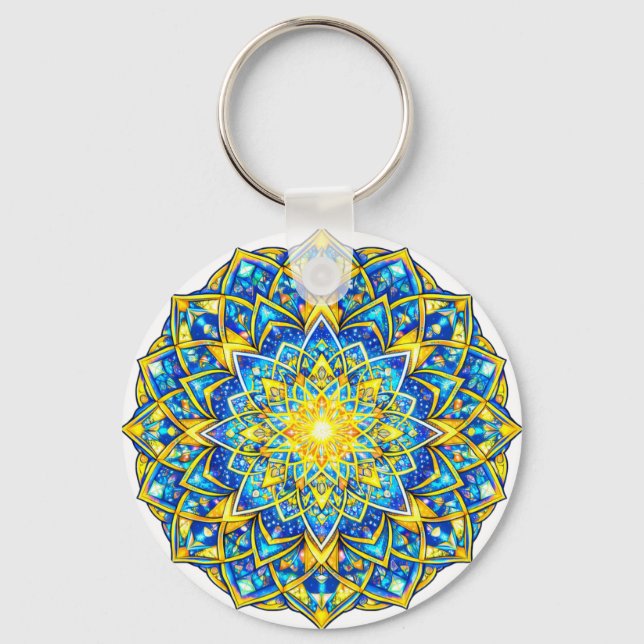 Llavero Radiant Blue Gold Mandala – Sun Harmony Keychain (Anverso)