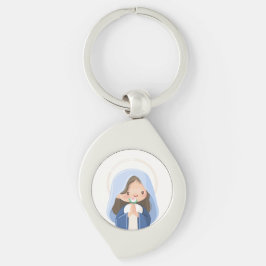 Llavero Radiant Kawaii Virgen María en Oración – Blanco