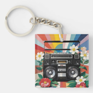 Llavero Radio Cassette Retro Con Arcoíris Y Flores