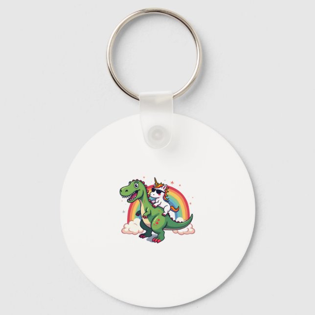 Llavero Rainbow Unicorn Riding T rex - Dinosaur Boys Girls (Anverso)