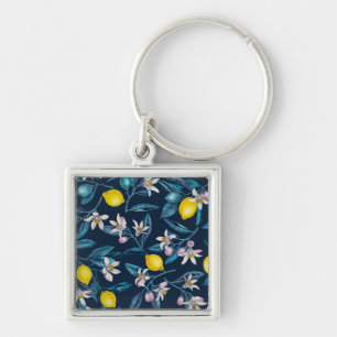 Llavero Ramas de limón con flores y fruta en azul