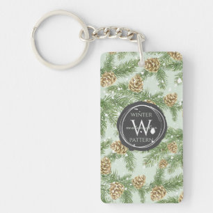 Llavero Ramas de pino y patrón de acuarela de cono de pino