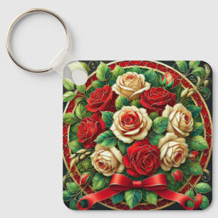 Llavero Ramo elegante de rosas rojas y blancas