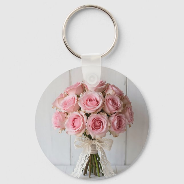 Llavero Ramo Romántico de Rosa Rosa con Encaje Perla (Anverso)