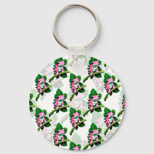 Llavero Rana Rosa En Diseño De Patrón De Hojas Verdes