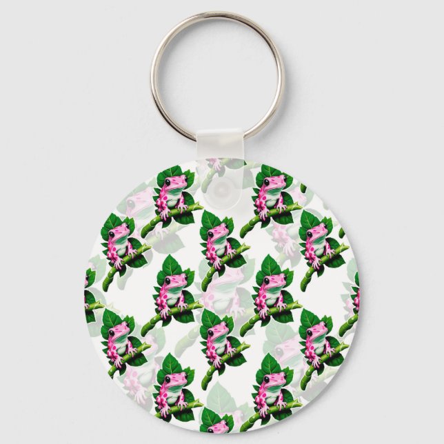 Llavero Rana Rosa En Diseño De Patrón De Hojas Verdes (Anverso)