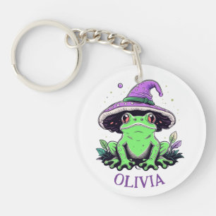 Llavero Rana verde con sombrero de bruja morado