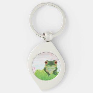 Llavero Rana verde detrás del teclado metalizado de la alm