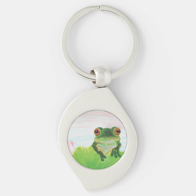 Llavero Rana verde detrás del teclado metalizado de la alm (Anverso)