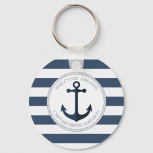 Llavero Rayado azul y blanco con ancla personalizada